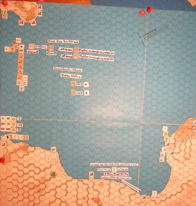 Oct II 41 Axis naval movement step of the Movement Phase action details: the two Valletta target hex air raids and the inshore waters naval transport of a step of attack supply towards Tobruch, which will arrive at the port in the exploitation naval m. s.